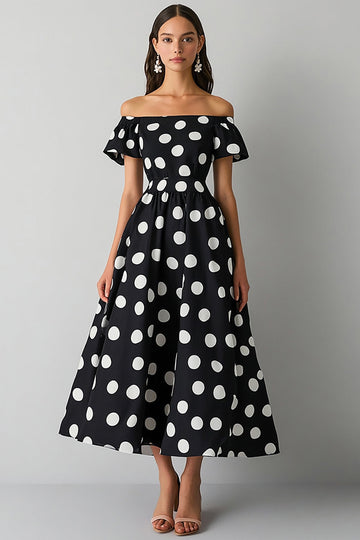 Off The Shoulder Sort Hvid A Line Polka Dots Kjole